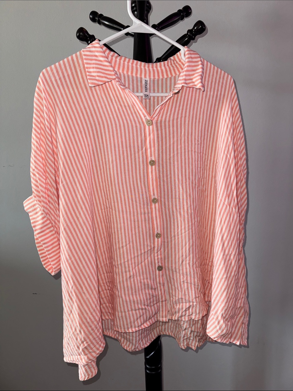Zenana Outfitters Coral and White Striped Button-Up Shirt 20.T